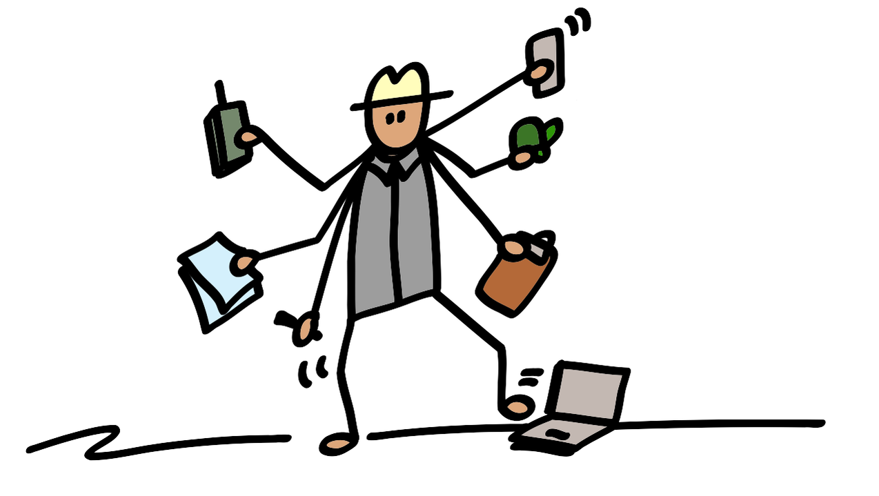 Hand drawn illustration of an NPS employee juggling eight things at once - computer, radio, smart phone, turtle, paperwork, clipboard, laptop