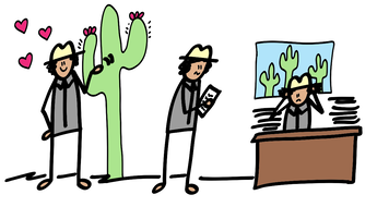 Hand drawn illustration of an NPS employee happy at work - with a giant saguaro - looking at paperwork and then overwhelmed at her desk surrounded by stacks of papers with a window showing the resource outside